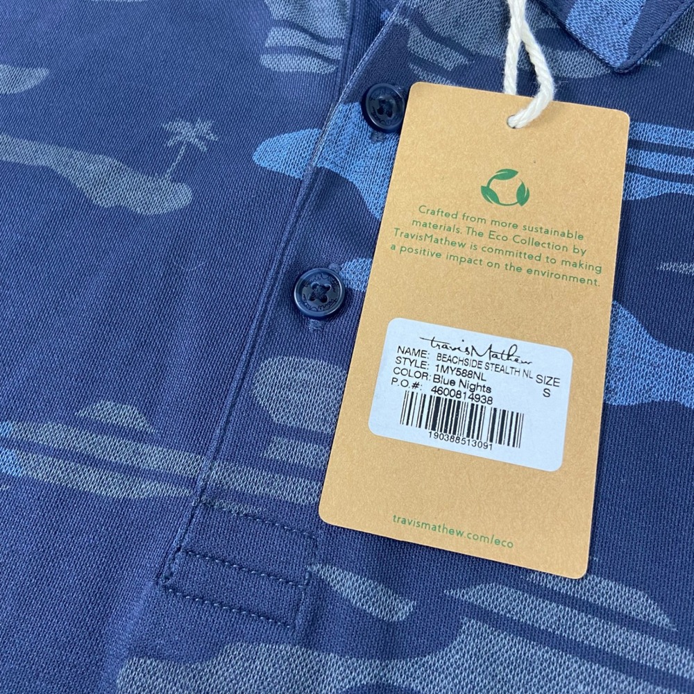 Travis‎ Mathew Mens Small Beachside Stealth Polo Shirt Blue Camo Golf NEW FLAW - Picture 2 of 9